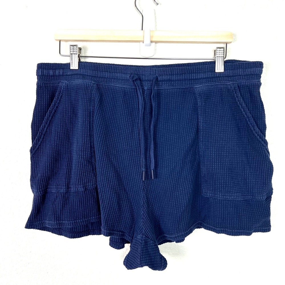 OFFLINE by Aerie Womens XL Waffle Knit Shorts Navy Blue Drawstring Pocket Lounge